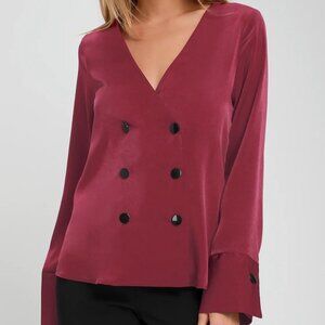 Lulus Luminary Women's Satin Button-Front Long Sleeve Top, Size Large,‎ Wine Red